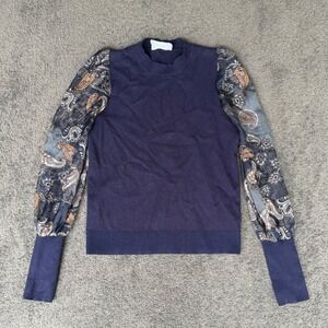SIX/FIFTY Navy Knit Sweater Sheer Paisley Balloon Sleeve Crew Neck Small